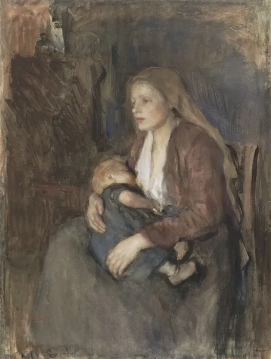 Framed Print : Nordic Madonna, by Albert Neuhuys, c. 1890-1910. Dutch watercolor painting. Rural Dutch mother nursing her child. (BSLOC_2016_1_48)