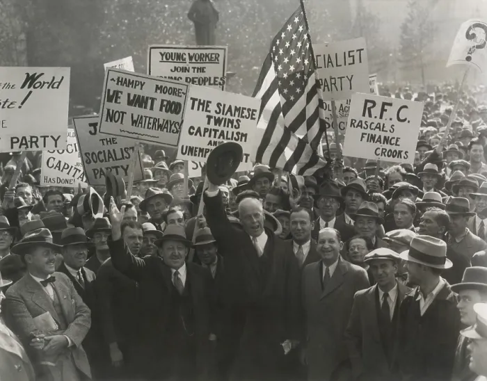 Framed Print : Norman Thomas, 1932 Socialist presidential nominee in Philadelphia, Oct. 28, 1932. Thomas is in center front waving his hat Framed Print : Norman Thomas, 1932 Socialist presidential nominee in Philadelphia, Oct. 28, 1932. Thomas is in center front waving his hat