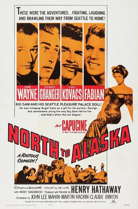 Framed Print : NORTH TO ALASKA, top from left: John Wayne, Stewart Granger, Ernie Kovacs, Fabian, Capucine, bottom from left: Fabian, Capucine, Capucine, John Wayne