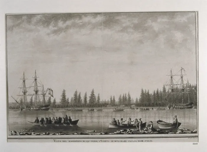 Framed Print : North America. Canada. Malaspina Expedition (1789-1794). Depicting some indigenous people in Mulgrave's port. Drawing. SPAIN. Madrid. America's Museum. - J