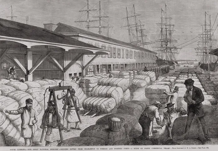 Framed Print : North Commercial wharf of Charleston, S.C. with cotton bales for shipping to foreign and domestic ports via sailing ships. 1878
