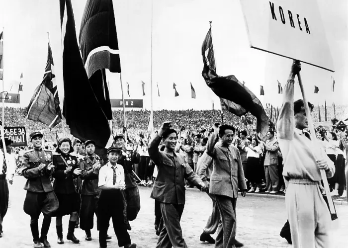 Framed Print : North Korean delegates to the Communist World Youth Festival. Some of the Koreans wear army uniforms and decorations awarded to them in the Korean War against the United Nations
