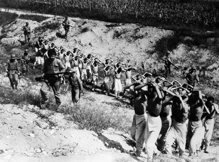 Framed Print : North Korean prisoners being led to a prison camp in South Korea, 1953.. Courtesy: CSU Archives  /  Everett Collection