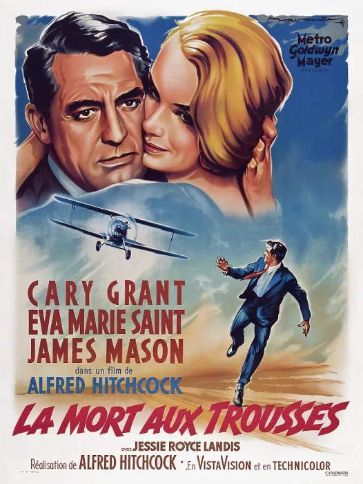 Framed Print : NORTH BY NORTHWEST, (aka LA MORT AUX TROUSSES), top from left: Cary Grant, Eva Marie Saint, bottom: Cary Grant on French poster art, 1959 Framed Print : NORTH BY NORTHWEST, (aka LA MORT AUX TROUSSES), top from left: Cary Grant, Eva Marie Saint, bottom: Cary Grant on French poster art, 1959