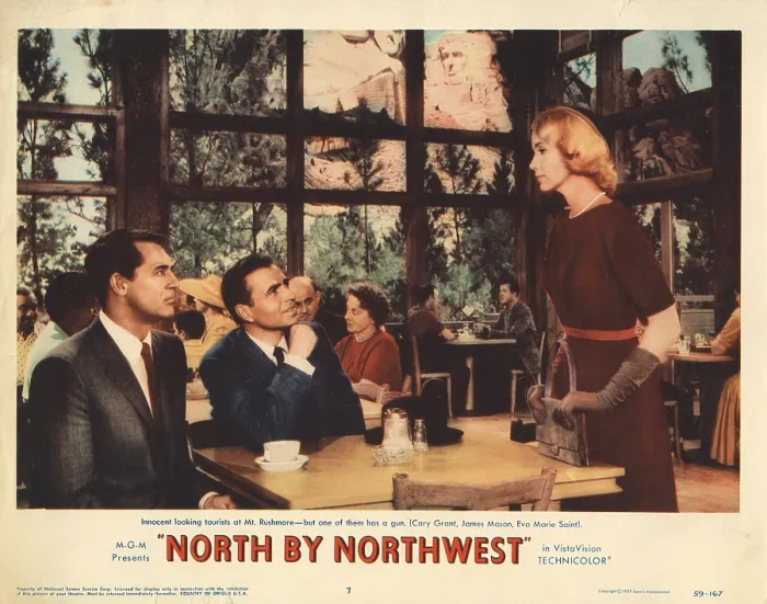 Framed Print : NORTH BY NORTHWEST, Lobbycard, from left, Cary Grant, James Mason, Eva Marie Saint, 1959