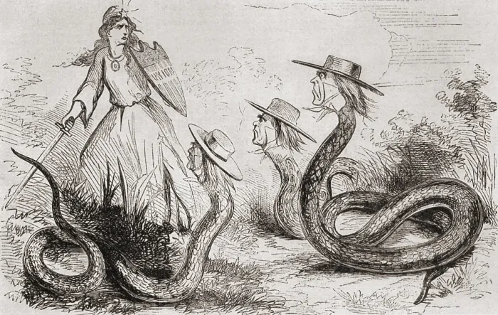 Framed Print : Northern cartoon of 1863 shows the Union threatened by political reptiles wearing hats of Midwest Democratic Congressmen