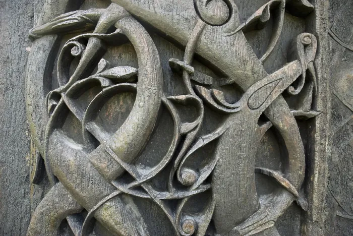 Framed Print : NORWAY. SOGN OG FJORDANE. Urnes Stavkirke, aka Urnes Stave Church (woodden church from 12th c.). Detail of Viking decorations