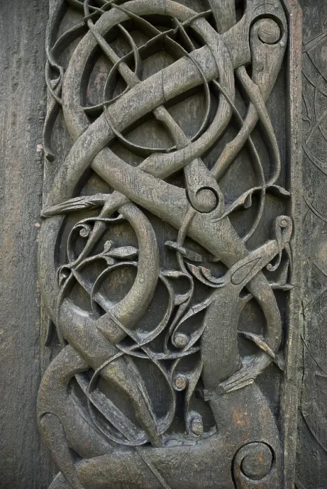 Framed Print : NORWAY. SOGN OG FJORDANE. Urnes Stavkirke, aka Urnes Stave Church (woodden church from 12th c.). Detail of Viking decorations