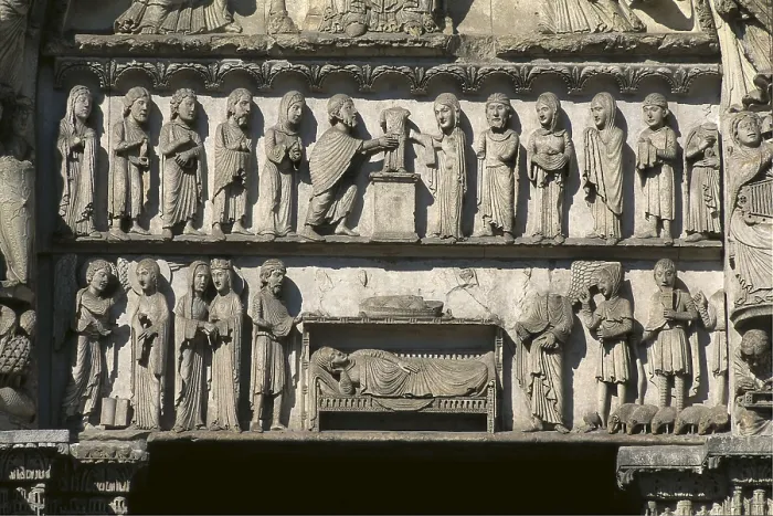 Framed Print : Notre-Dame Cathedral of Chartres. 1194-1290. FRANCE. Chartres. Notre Dame cathedral. Decoration in the front facade. Gothic art. Sculpture on rock Framed Print : Notre-Dame Cathedral of Chartres. 1194-1290. FRANCE. Chartres. Notre Dame cathedral. Decoration in the front facade. Gothic art. Sculpture on rock