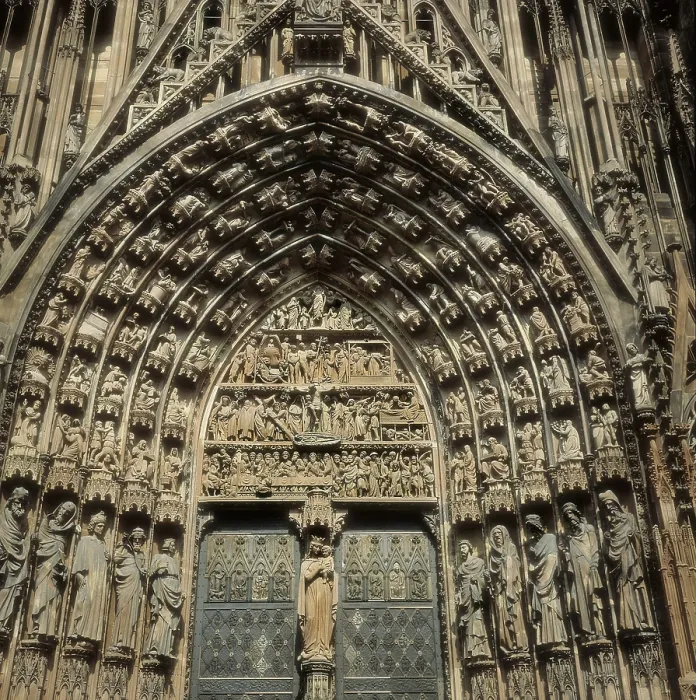 Framed Print : Notre-Dame Cathedral of Strasbourg. 1176-1439. FRANCE. Strasbourg. Notre Dame cathedral. Front of the main facade. In the tympanumscenes of Christ's redemption Framed Print : Notre-Dame Cathedral of Strasbourg. 1176-1439. FRANCE. Strasbourg. Notre Dame cathedral. Front of the main facade. In the tympanumscenes of Christ's redemption