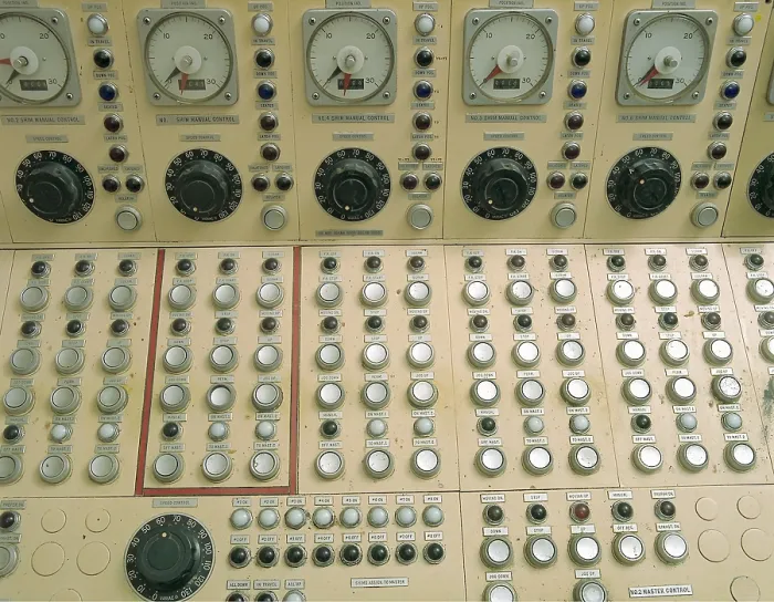 Framed Print : Nuclear reactor control panel for the manual operation of the control rods that regulate temperatures in the reactor core. NASA's Plum Brook Station in Sandusky, Ohio. Ca
