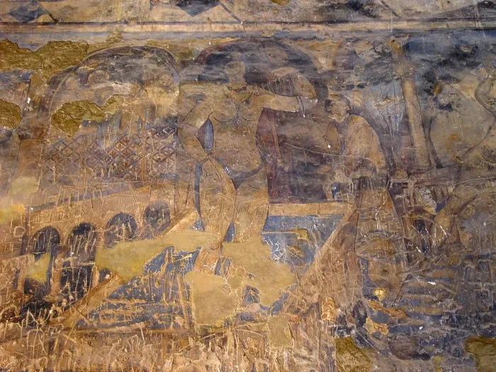 Framed Print : Nude female dancer, 711-743, 8th Century A.D. fresco - Jordan, Zarqa Governorate. Detail