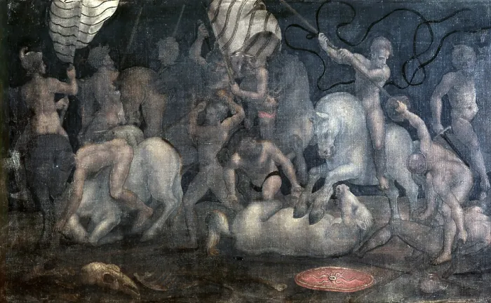 Framed Print : Nude men fighting, by Unknown Artist after Luca Signorelli, 1500 - 1549, 16th Century, tempera on canvas, 71 x 250 cm - Italy, Lombardy, Milan, Brera Collection. Detail