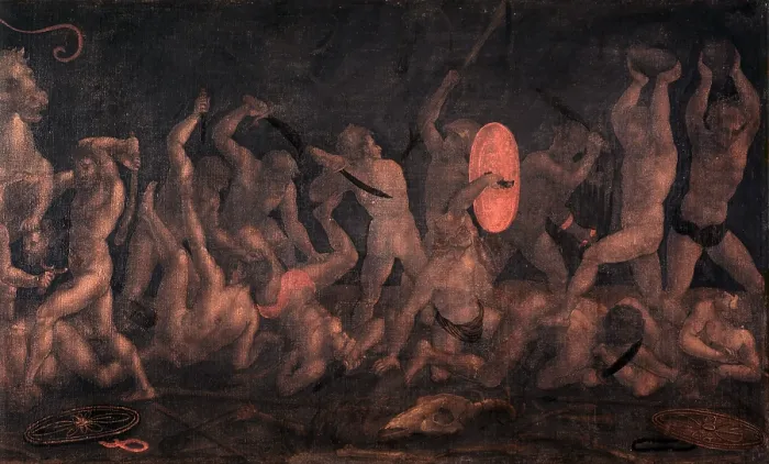 Framed Print : Nude men fighting, by Unknown Artist after Luca Signorelli, 1500 - 1549, 16th Century, tempera on canvas, 71 x 250 cm - Italy, Lombardy, Milan, Brera Collection. Detail