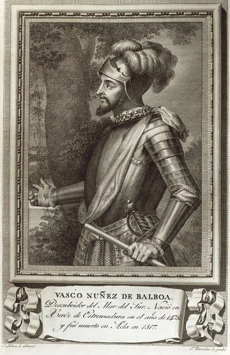 Framed Print : NUEZ DE BALBOA, Vasco (1475-1517). Picture from the book 'Retratos de Varones Ilustres' (Portrait of Distinguished Men). Engraving