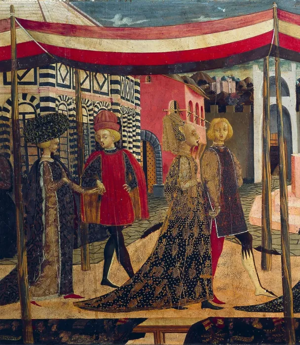 Framed Print : Nuptial procession in Piazza del Duomo of Florence. Decoration of the frontal of a chest by Master of Adimari Chest (1450). Renaissance art. Quattrocento. Florentine school Framed Print : Nuptial procession in Piazza del Duomo of Florence. Decoration of the frontal of a chest by Master of Adimari Chest (1450). Renaissance art. Quattrocento. Florentine school