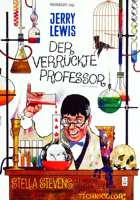 Framed Print : THE NUTTY PROFESSOR, Jerry Lewis (as the professor), Stella Stevens (in the bottle) on German poster art, 1963