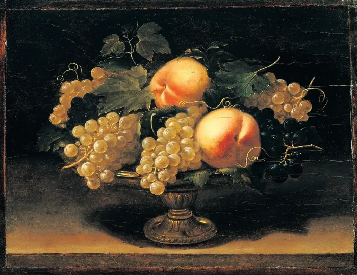 Framed Print : Nuvolone Panfilo, Still Life with Peaches, White Grapes, Black Grapes, Vine Leaves and Metal Cup, 1620, 17th Century, oil on panel, Italy, Lombardy, formerly in Milan