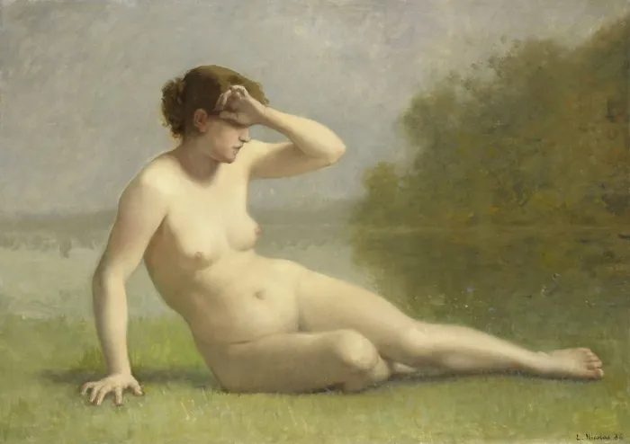 Framed Print : Nymph, by L. Nicolas, 1886, Dutch painting, oil on canvas. A young naked woman sitting in the grass at the water's edge (BSLOC_2016_2_151)