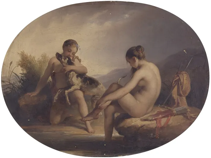 Framed Print : Two nymphs joking with a dog, by Francis Podesti, 19th century, oil on canvas. - Italy, Lombardy, Milan, Brera Academy. Whole artwork view