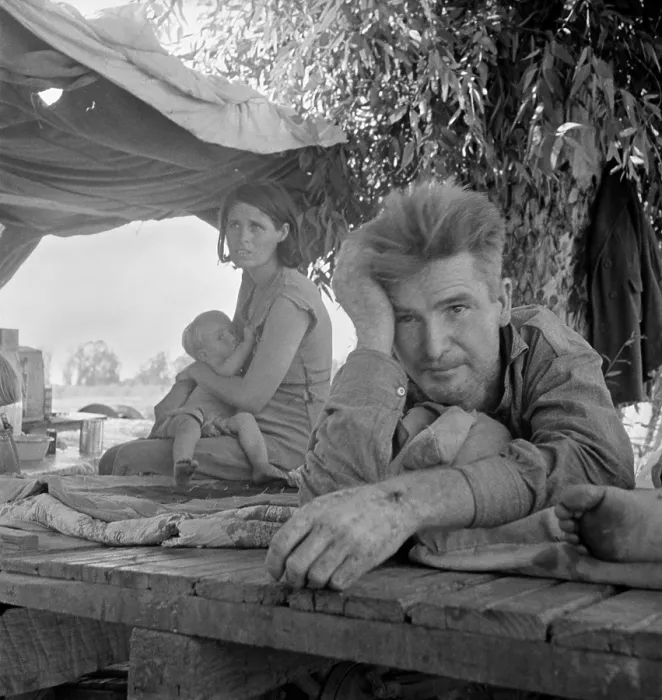 Framed Print : Oakie refugee family camped by a California roadside, Aug. 1936. The family of seven left drought stricken Oklahoma for work in cotton fields. Blythe, Cal. By Dorothea Lange
