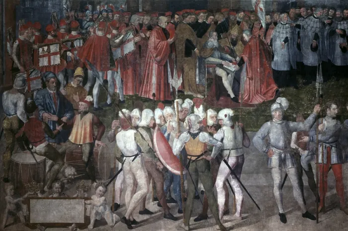 Framed Print : Oath of Louis Gonzaga, by Unknown Artist, 16th Century, fresco - Italy, Lombardy, Mantua, Ducale Palace. Whole artwork view