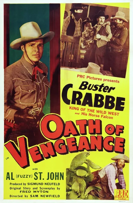 Framed Print : OATH OF VENGEANCE, US poster art, left: Buster Crabbe; bottom right: Al Fuzzy St. John, 1944