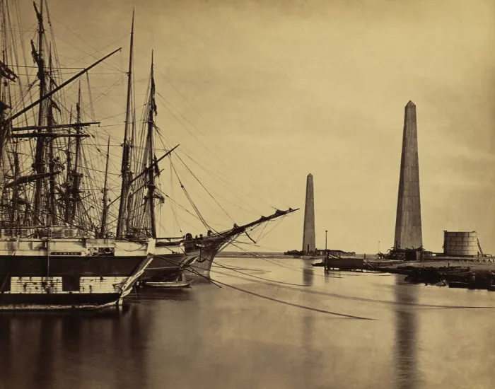 Framed Print : Obelisks on shore and ships moored at the Port Said entrance to the Suez Canal. 1860 photo by Francis Frith. LC-DIG-ppmsca-04472