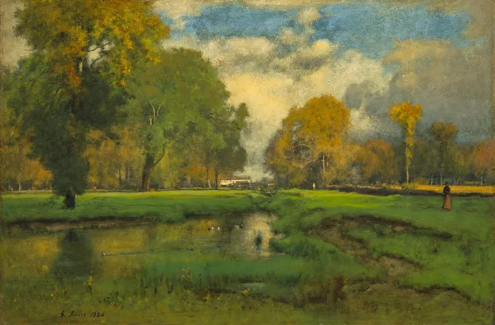 Framed Print : October, 1882-86, by George Inness, 1825-1894, American landscape painting, oil on panel. This landscape was originally entitled Near My Studio, Milton, and dated 1882 Framed Print : October, 1882-86, by George Inness, 1825-1894, American landscape painting, oil on panel. This landscape was originally entitled Near My Studio, Milton, and dated 1882