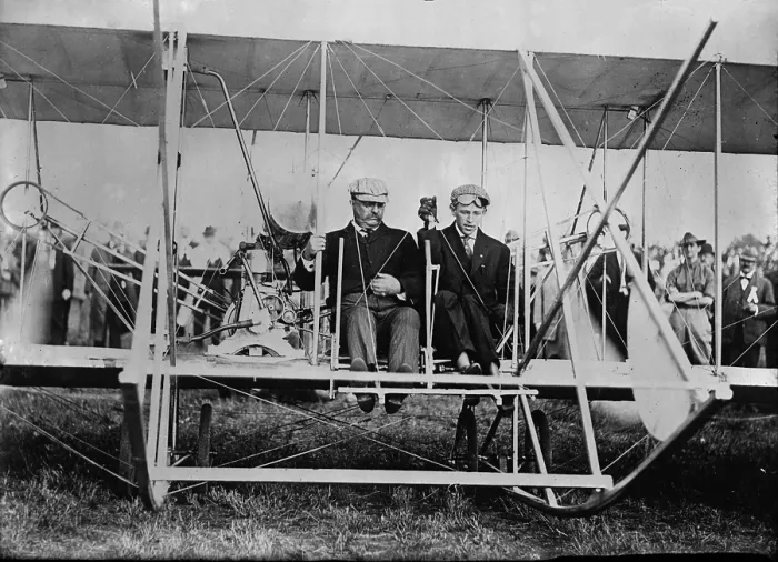 Framed Print : October, 1910, ex-President Roosevelt takes a flight at St. Louis with famous pilot Archibald 'Arch' Hoxie. Two months later Hoxie was killed in a flying accident
