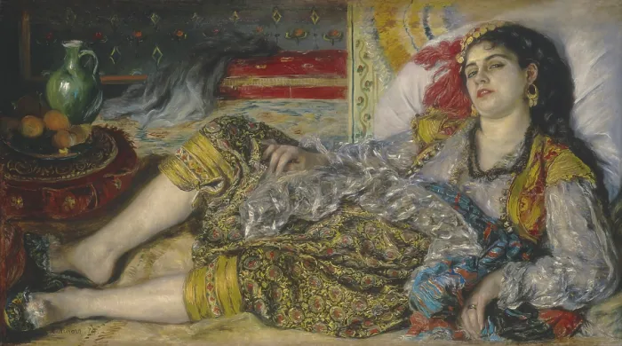 Framed Print : Odalisque, by Auguste Renoir, 1870, French impressionist painting, oil on canvas. An Odalisque was a concubine in a Turkish harem and a popular subject in the 1870s Paris Framed Print : Odalisque, by Auguste Renoir, 1870, French impressionist painting, oil on canvas. An Odalisque was a concubine in a Turkish harem and a popular subject in the 1870s Paris