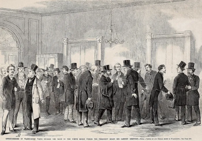 Framed Print : Office Seekers gather outside the White House room where President Lincoln met with his Cabinet, in March 1861 Framed Print : Office Seekers gather outside the White House room where President Lincoln met with his Cabinet, in March 1861