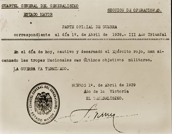 Framed Print : Official statement by Francisco Franco declaring the end of the Spanish Civil War. 1939. (BSLOC_2013_9_149) Framed Print : Official statement by Francisco Franco declaring the end of the Spanish Civil War. 1939. (BSLOC_2013_9_149)