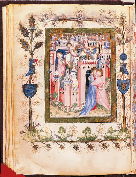 Framed Print : From the Offiziolo of Gian Galeazzo Visconti The Annunciation to St Anne and The Meeting at the Golden Gate, by Giovannino de Grassi, 14th Century, miniature, - Italy, Tuscany