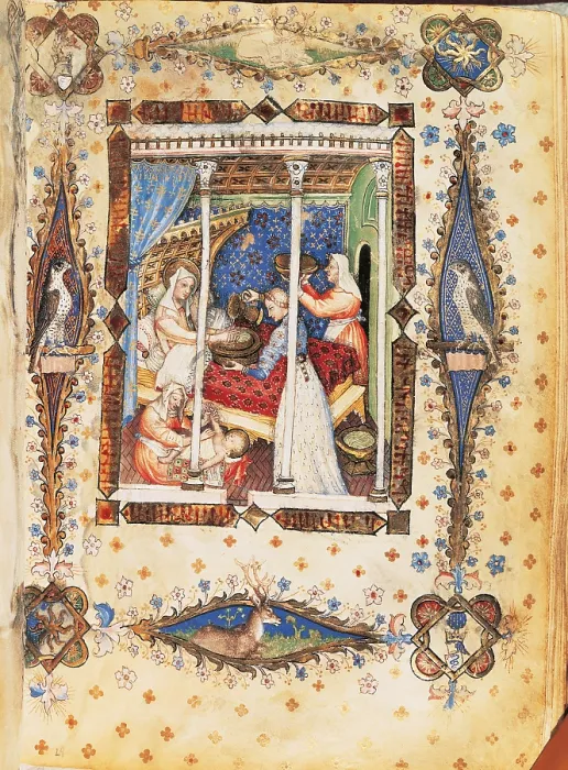 Framed Print : From the Offiziolo of Gian Galeazzo Visconti The Birth of the Virgin Mary, by Giovannino de Grassi, 14th Century, - Italy, Tuscany, Florence, Central National Library. All