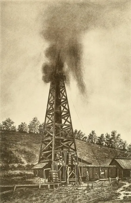 Framed Print : Oil well with a gusher in the oil region of Pennsylvania, ca. 1880 Framed Print : Oil well with a gusher in the oil region of Pennsylvania, ca. 1880