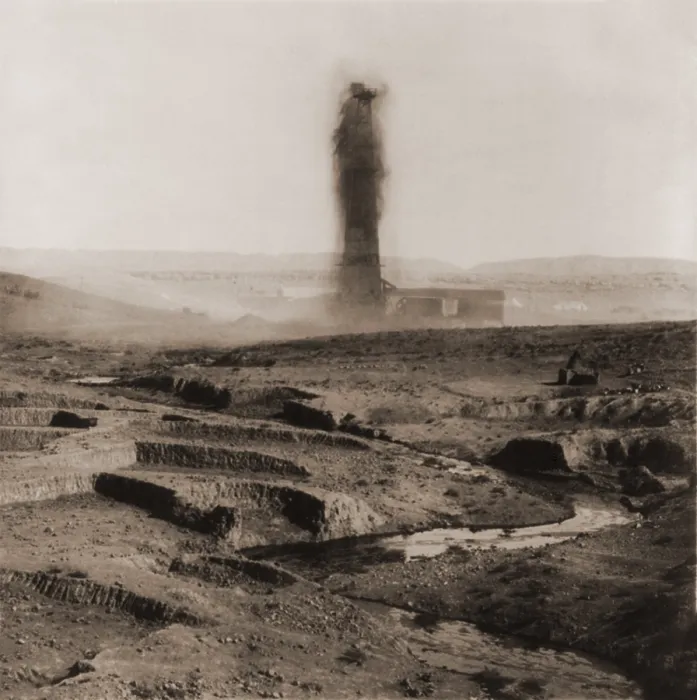 Framed Print : An oil gusher spouting in the Kirkuk District of Iraq, creating a stream of oil seen in the photo foreground. 1932-33. Stream of oil in foreground