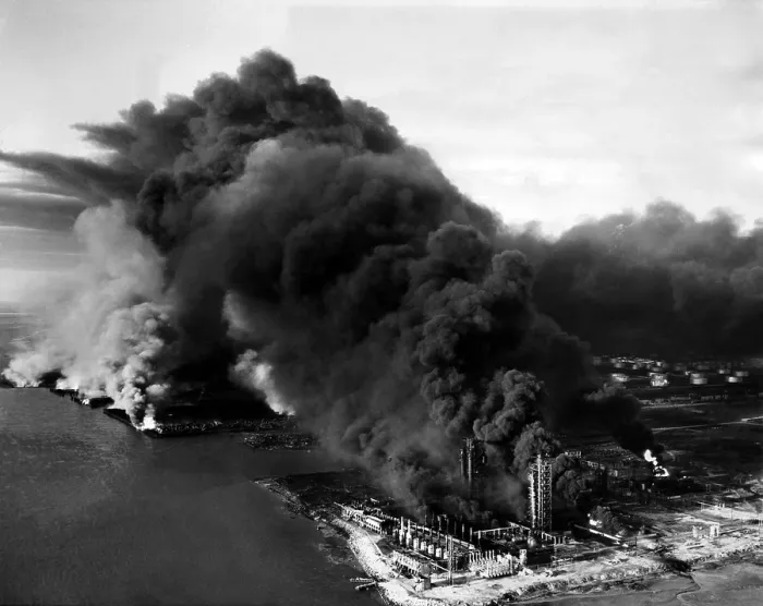 Framed Print : Oily black smoke rises from the Texas City Monsanto Chemical Company plant