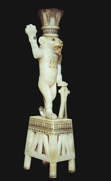 Framed Print : Ointments vase depicting God Bes as a lion. 1370 - 1352 BC. Tutankhamun's treasure. Egyptian art. New Kingdom. Sculpture in the round. EGYPT. Cairo. Egyptian Museum