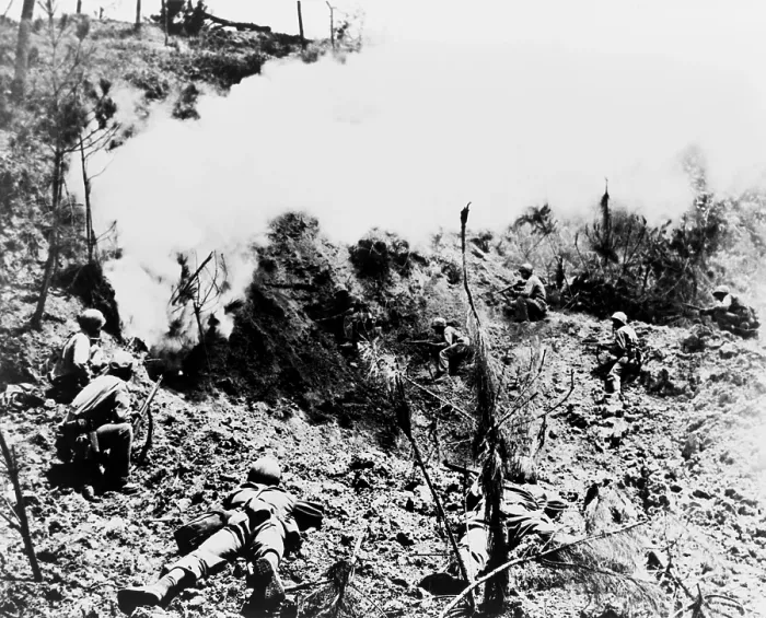 Framed Print : Okinawa. After setting off explosives, Marines wait at entrance to cave in which Japanese soldiers are hiding Framed Print : Okinawa. After setting off explosives, Marines wait at entrance to cave in which Japanese soldiers are hiding