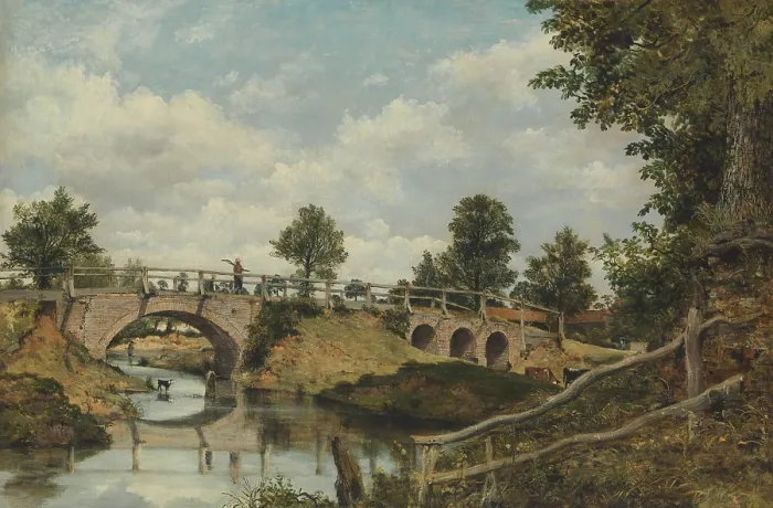 Framed Print : AN OLD BRIDGE AT HENDON, MIDDLESEX, by Frederick Waters Watts, 1828, British painting, oil on canvas. Watts likely exhibited this work at the Royal Academy in 1828