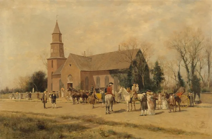 Framed Print : OLD BRUTON CHURCH, WILLIAMSBURG, VIRGINIA, IN THE TIME OF LORD DUNMORE, 1893, by Alfred Wordsworth Thompson, oil on canvas Framed Print : OLD BRUTON CHURCH, WILLIAMSBURG, VIRGINIA, IN THE TIME OF LORD DUNMORE, 1893, by Alfred Wordsworth Thompson, oil on canvas