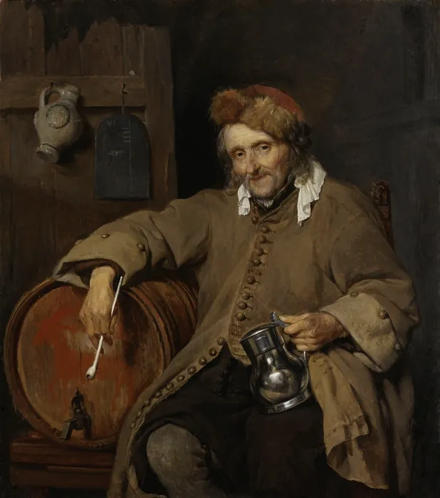 Framed Print : The Old Drinker, by Gabriel Metsu, 1661-63, Dutch painting, oil on panel. Elderly man holding a beer tankard and a long stemmed pipe