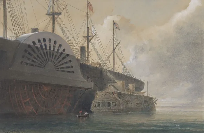 Framed Print : The Old Frigate Iris with Her Freight of Cable Alongside the Great Eastern at Sheerness: The Cable Passed from the Hulk to the Great Eastern