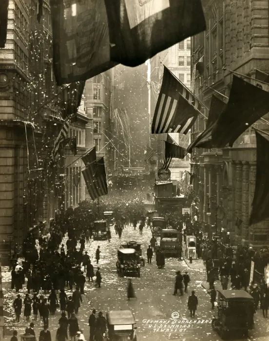 Framed Print : Old Glory. Flags wave over Wall Street, New York City in celebration of the surrender of Germany and the end of the Great War. W.L. Drummond, photographer, Dec 5, 1918 Framed Print : Old Glory. Flags wave over Wall Street, New York City in celebration of the surrender of Germany and the end of the Great War. W.L. Drummond, photographer, Dec 5, 1918