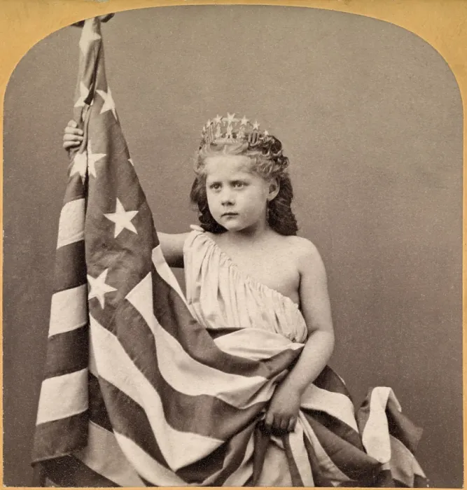 Framed Print : Old Glory. Fontinelle Weller posed as Columbia. Stereograph by F.G. Wells, Mar 13, 1873