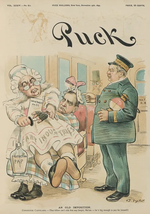 Framed Print : AN OLD IMPOSTION, PUCK Magazine, Nov. 15, 1893, opposing the high protective US tariff on imports Framed Print : AN OLD IMPOSTION, PUCK Magazine, Nov. 15, 1893, opposing the high protective US tariff on imports