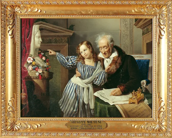Framed Print : Old Man Showing His Little Niece the Herm of Maria Luigia, by Giuseppe Molteni, 1830, 19th Century, oil on canvas, cm 99, 1 x 130 - Italy, Emilia Romagna, Parma