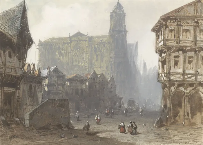 Framed Print : The Old Marketplace in Rouen, by Pierre Luc Charles Ciceri, ca
