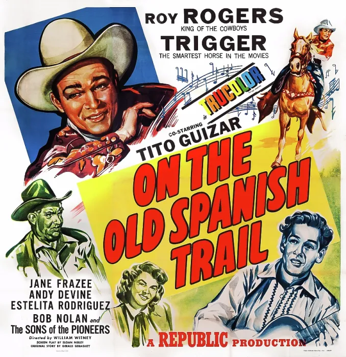 Framed Print : ON THE OLD SPANISH TRAIL, US poster art, top left: Roy Rogers; below: Andy Devine, 1947